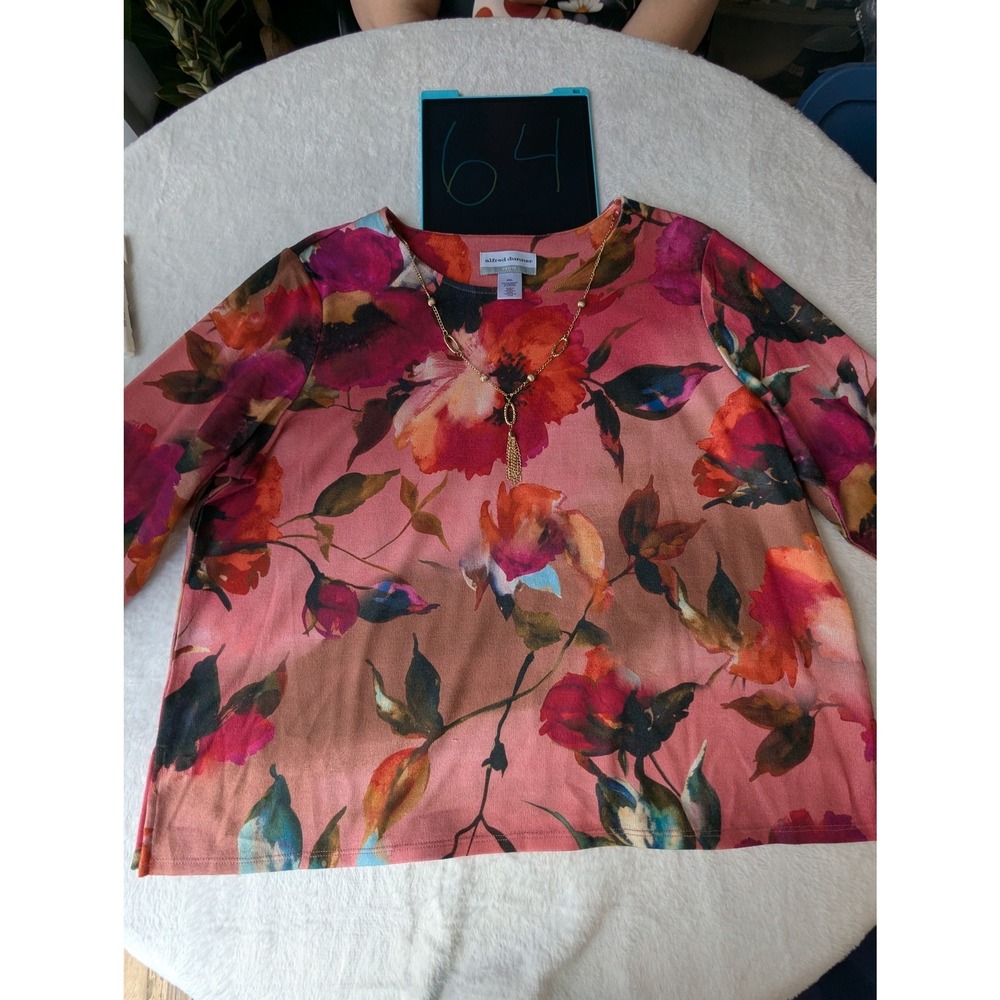 Alfred Dunner Floral Top Women PXL Pink New 3/4 Sleeve Necklace